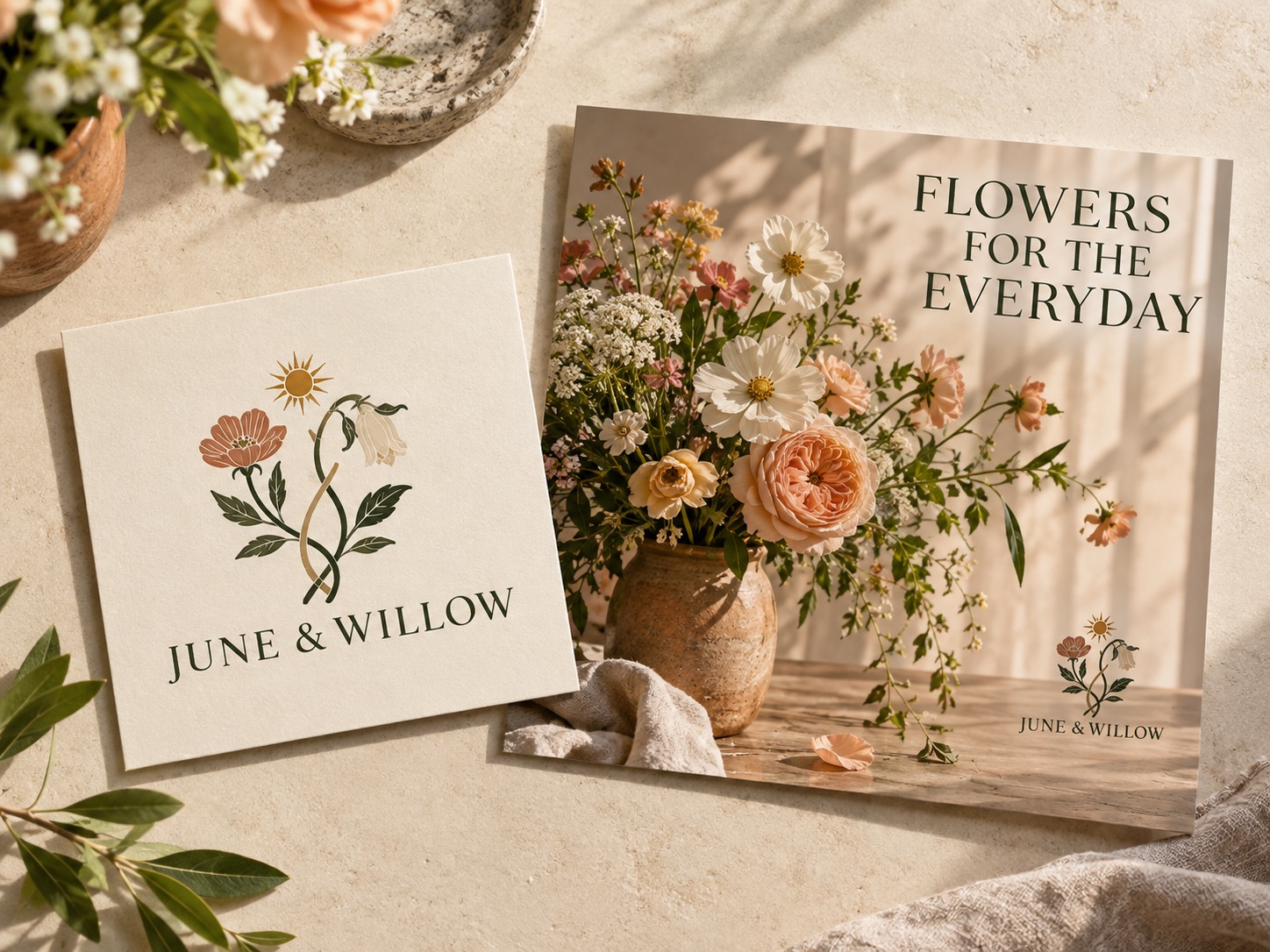 Illustrative example: a botanical logo for fictional flower shop June and Willow beside a matching social graphic